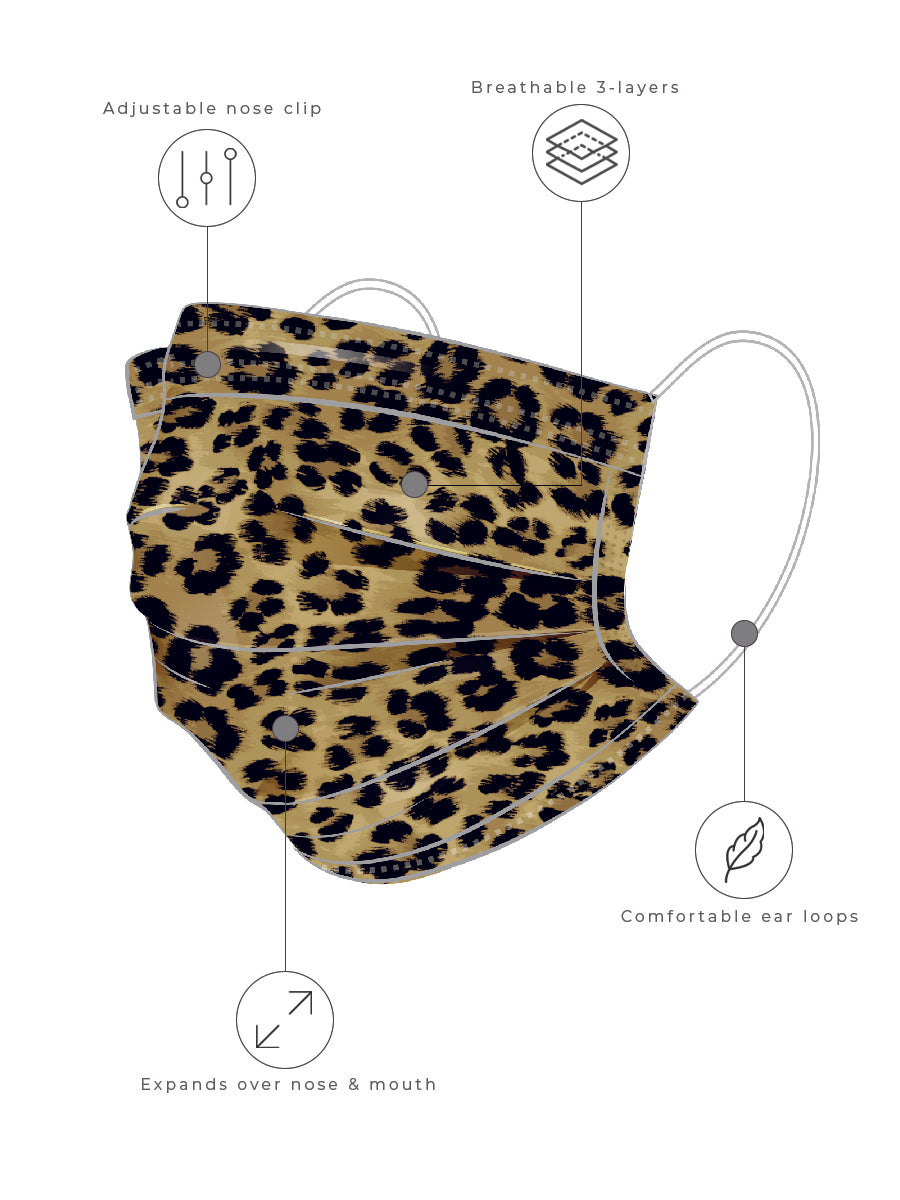 Leopard Adults Disposable Face Masks - Level 3 - Bag of 30
